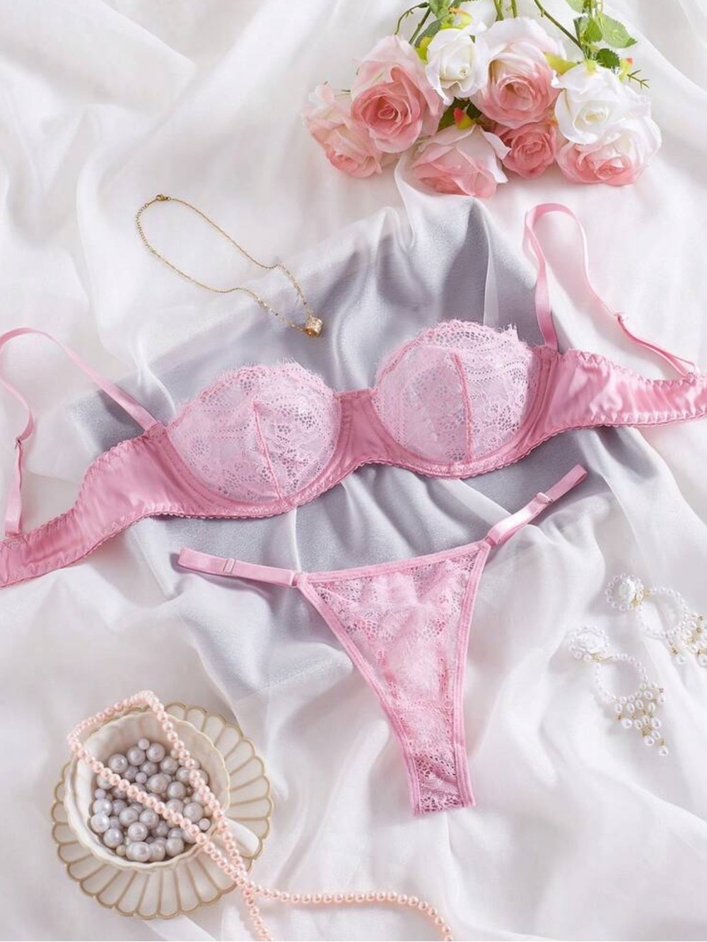 SHEIN Pink Lace Underwire Bra & Thong Set